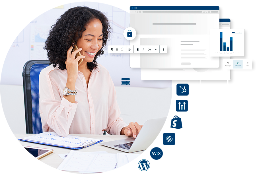 Business owner on the phone with Hoot Host support while her website is maintained