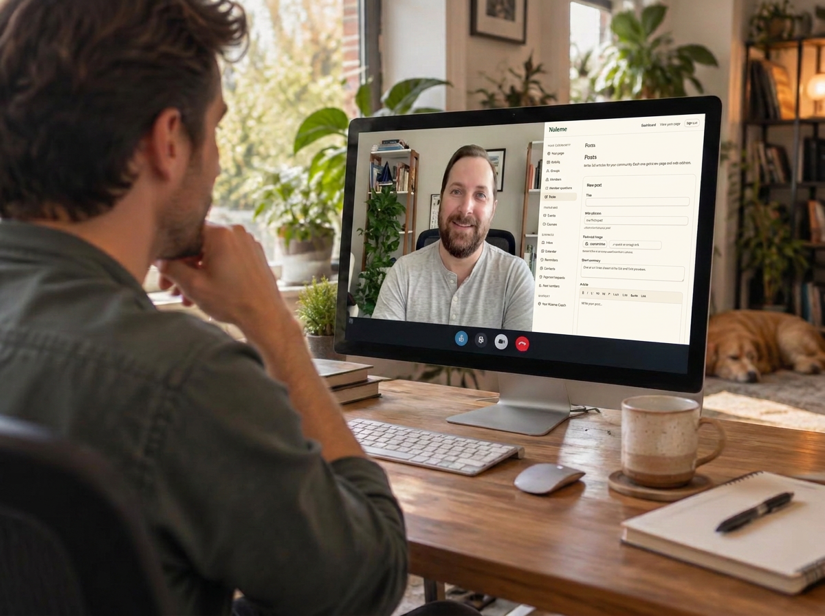 Business owner on a video call with a Hoot Host expert