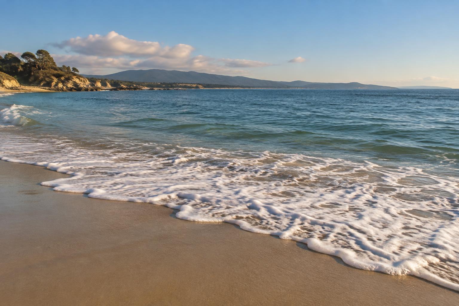 Monterey Bay, California, seen from a Monterey beach with soft waves on the sand